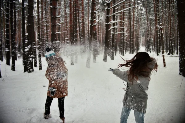 A téli erdő bolondozás lányok Stock Kép
