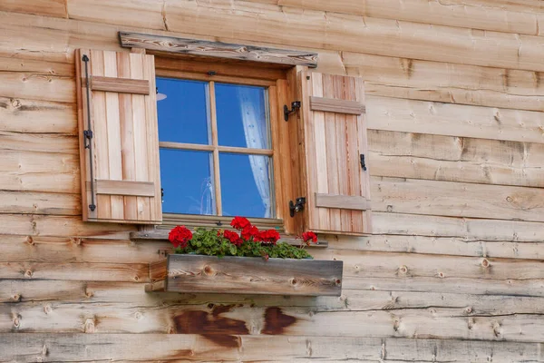 Nettes Fenster Einem Traditionellen Holzhaus Den Alpen Mit Einem Blumentopf — Stockfoto