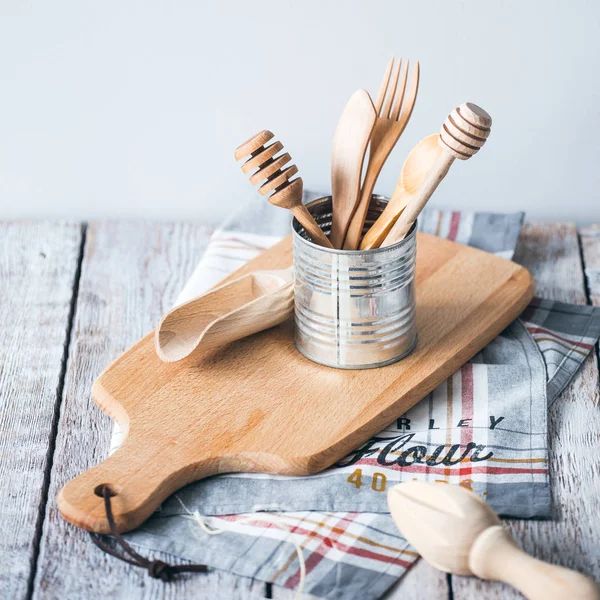 Wood cutlery on table — Stock Photo, Image