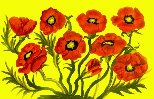 Red poppies on yellow — Stock Photo, Image