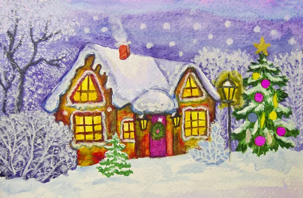 Weihnachtshaus, Malerei — Stockfoto
