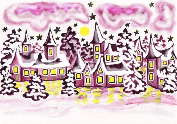 Hus i lila färger, målning — Stockfoto