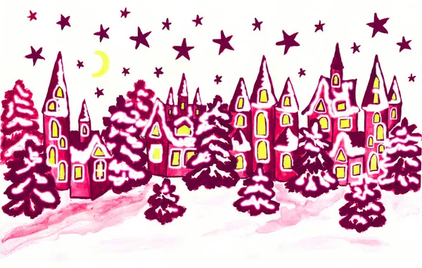 Winterlandschaft mit Häusern in rosa Farben — Stockfoto