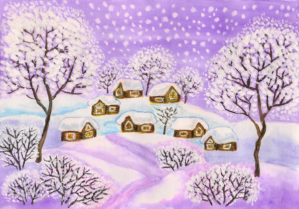 Winter landscape in purple colours, painting — Stock Photo, Image