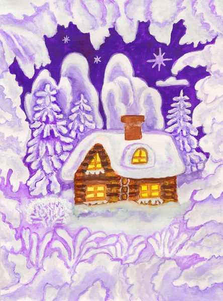 Hus i snö ram, målning — Stockfoto
