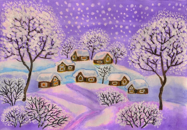 Winterlandschaft in violetten Farben, Malerei — Stockfoto