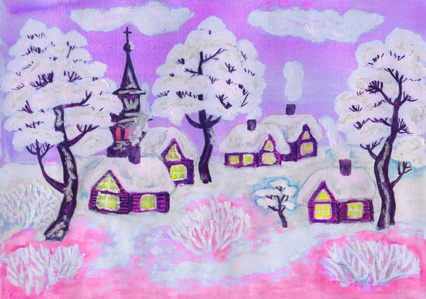 Paisaje de invierno sobre rosa, pintura —  Fotos de Stock