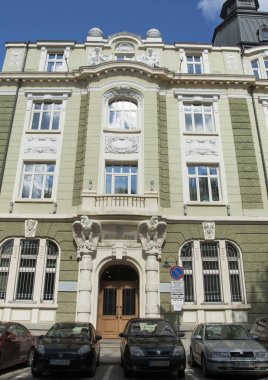 Sofia, Bulgaristan - 08 Ekim 2017: banka Sofya, 1918 yılında inşa edilmiş modern tarzı mimarisinin dönüm noktası