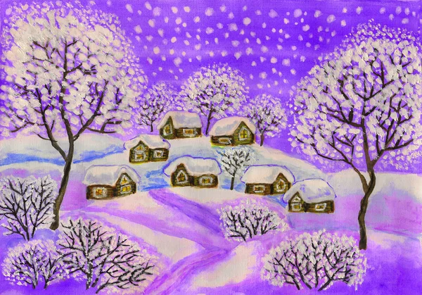 Winterlandschaft in violetten Farben, Malerei — Stockfoto