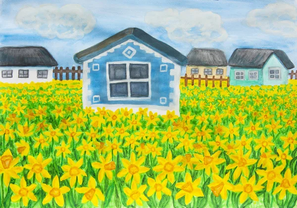 House with daffodils — Stock Photo, Image