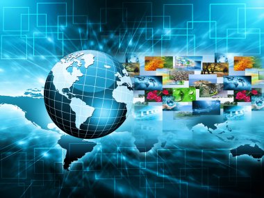 En iyi Internet kavramı küresel iş. Küre, teknolojik arka plan üzerinde parlak çizgiler. Elektronik, Wi-Fi, ışınları, simge Internet, televizyon, telefon ve uydu communicationsblue bulanıklık
