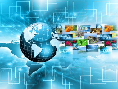 En iyi Internet kavramı küresel iş. Küre, teknolojik arka plan üzerinde parlak çizgiler. Elektronik, Wi-Fi, ışınları, simge Internet, televizyon, telefon ve uydu communicationsblue bulanıklık