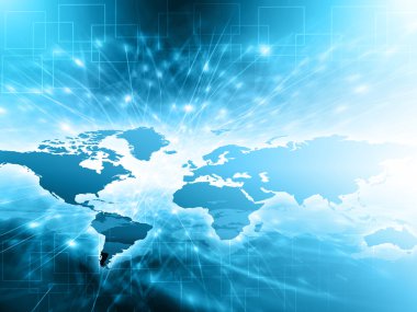 Dünya Haritası üzerinde teknolojik bir arka plan, parlak çizgiler semboller Internet, radyo, televizyon, telefon ve uydu iletişim.