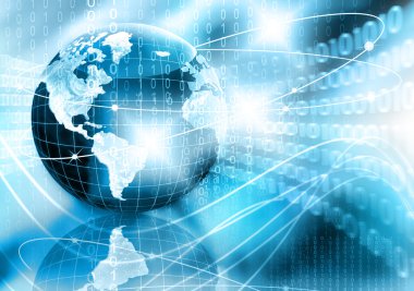 Global iş dünyasının en iyi internet kavramı. Küre, teknolojik arka planda parlayan çizgiler. Wi-Fi, ışınlar, semboller İnternet, 3 boyutlu illüstrasyon