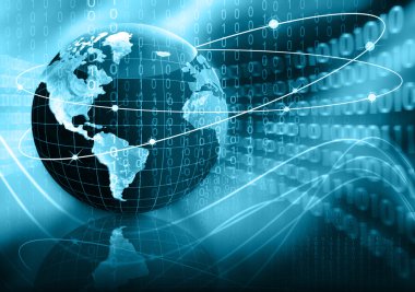 Global iş dünyasının en iyi internet kavramı. Küre, teknolojik arka planda parlayan çizgiler. Wi-Fi, ışınlar, semboller İnternet, 3 boyutlu illüstrasyon