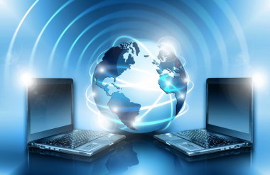 Global iş dünyasının en iyi internet kavramı. Küre, teknolojik arka planda parlayan çizgiler. Wi-Fi, ışınlar, semboller İnternet, 3 boyutlu illüstrasyon