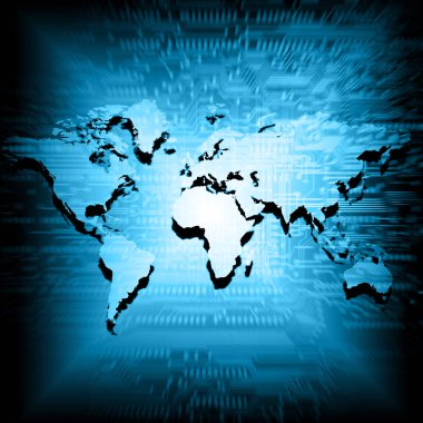 Dünya Haritası üzerinde teknolojik bir arka plan, parlak çizgiler semboller Internet, radyo, televizyon, telefon ve uydu iletişim.