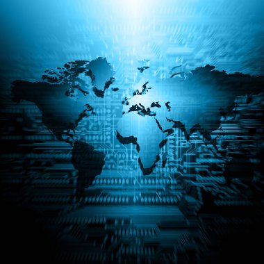 Dünya Haritası üzerinde teknolojik bir arka plan, parlak çizgiler semboller Internet, radyo, televizyon, telefon ve uydu iletişim.