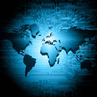 Dünya Haritası üzerinde teknolojik bir arka plan, parlak çizgiler semboller Internet, radyo, televizyon, telefon ve uydu iletişim.