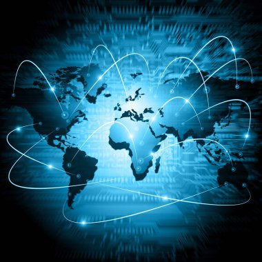 Dünya Haritası üzerinde teknolojik bir arka plan, parlak çizgiler semboller Internet, radyo, televizyon, telefon ve uydu iletişim.