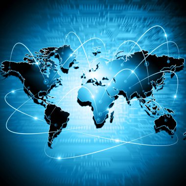 Dünya Haritası üzerinde teknolojik bir arka plan, parlak çizgiler semboller Internet, radyo, televizyon, telefon ve uydu iletişim.