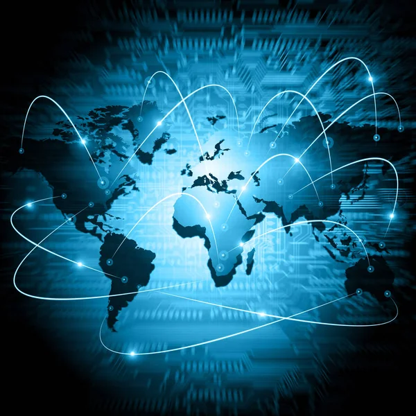 Världskarta på en teknisk bakgrund och glödande linjer symboler av Internet, radio, TV, mobil satellitkommunikation. — Stockfoto