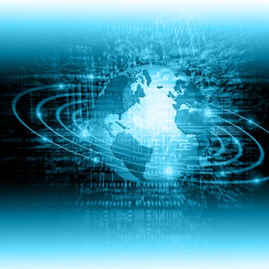 Global iş dünyasının en iyi internet kavramı. Küre, teknolojik arka planda parlayan çizgiler. Wi-Fi, ışınlar, semboller İnternet, 3 boyutlu illüstrasyon