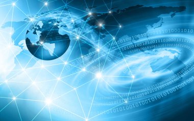 Global iş dünyasının en iyi internet kavramı. Küre, teknolojik arka planda parlayan çizgiler. Wi-Fi, ışınlar, semboller İnternet, 3 boyutlu illüstrasyon