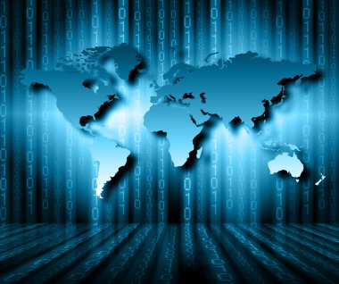 Dünya Haritası üzerinde teknolojik bir arka plan, parlak çizgiler semboller Internet, radyo, televizyon, telefon ve uydu iletişim.