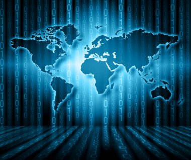 Dünya Haritası üzerinde teknolojik bir arka plan, parlak çizgiler semboller Internet, radyo, televizyon, telefon ve uydu iletişim.