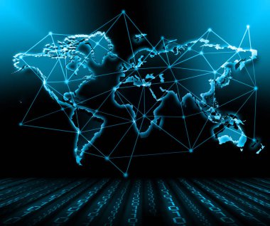Dünya Haritası üzerinde teknolojik bir arka plan, parlak çizgiler semboller Internet, radyo, televizyon, telefon ve uydu iletişim.