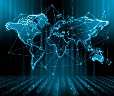 Dünya Haritası üzerinde teknolojik bir arka plan, parlak çizgiler semboller Internet, radyo, televizyon, telefon ve uydu iletişim.