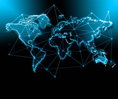 Dünya Haritası üzerinde teknolojik bir arka plan, parlak çizgiler semboller Internet, radyo, televizyon, telefon ve uydu iletişim.