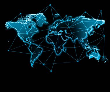 Dünya Haritası üzerinde teknolojik bir arka plan, parlak çizgiler semboller Internet, radyo, televizyon, telefon ve uydu iletişim.