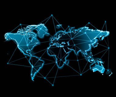 Dünya Haritası üzerinde teknolojik bir arka plan, parlak çizgiler semboller Internet, radyo, televizyon, telefon ve uydu iletişim.