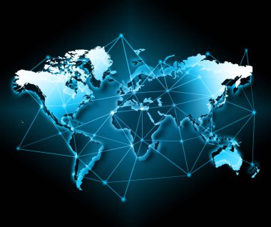 Dünya Haritası üzerinde teknolojik bir arka plan, parlak çizgiler semboller Internet, radyo, televizyon, telefon ve uydu iletişim.