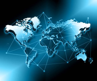 Dünya Haritası üzerinde teknolojik bir arka plan, parlak çizgiler semboller Internet, radyo, televizyon, telefon ve uydu iletişim.
