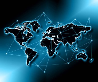 Dünya Haritası üzerinde teknolojik bir arka plan, parlak çizgiler semboller Internet, radyo, televizyon, telefon ve uydu iletişim.