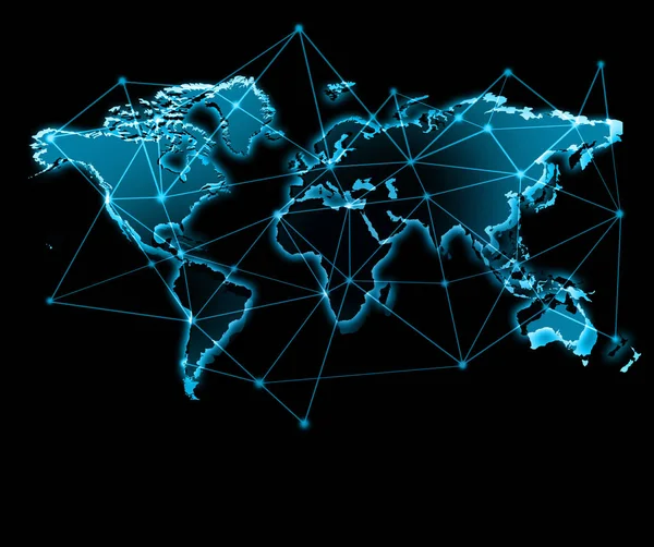 Dünya Haritası üzerinde teknolojik bir arka plan, parlak çizgiler semboller Internet, radyo, televizyon, telefon ve uydu iletişim.