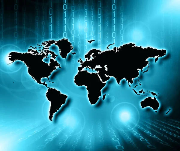 Mapa del mundo sobre un fondo tecnológico, líneas luminosas símbolos de Internet, radio, televisión, comunicaciones móviles y por satélite . —  Fotos de Stock