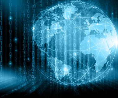 Global iş dünyasının en iyi internet kavramı. Küre, teknolojik arka planda parlayan çizgiler. Wi-Fi, ışınlar, semboller İnternet, 3 boyutlu illüstrasyon