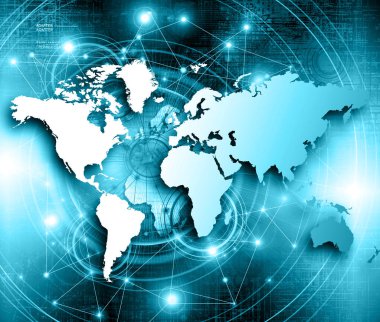 Dünya Haritası üzerinde teknolojik bir arka plan, parlak çizgiler semboller Internet, radyo, televizyon, telefon ve uydu iletişim.