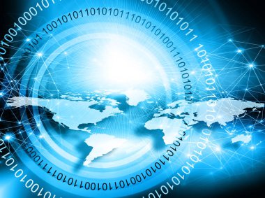 Dünya Haritası üzerinde teknolojik bir arka plan, parlak çizgiler semboller Internet, radyo, televizyon, telefon ve uydu iletişim.