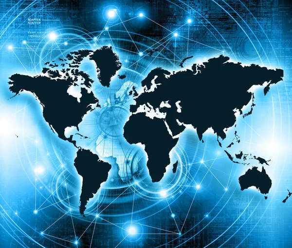 Παγκόσμιο χάρτη σε ένα τεχνολογικό υπόβαθρο, λαμπερό γραμμές σύμβολα του Διαδίκτυο, ραδιόφωνο, τηλεόραση, κινητές και δορυφορικές επικοινωνίες. — Φωτογραφία Αρχείου
