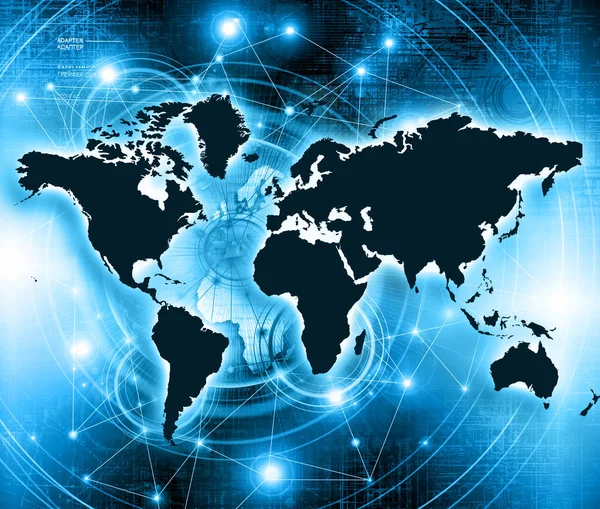 Mapa del mundo sobre un fondo tecnológico, líneas luminosas símbolos de Internet, radio, televisión, comunicaciones móviles y por satélite . —  Fotos de Stock