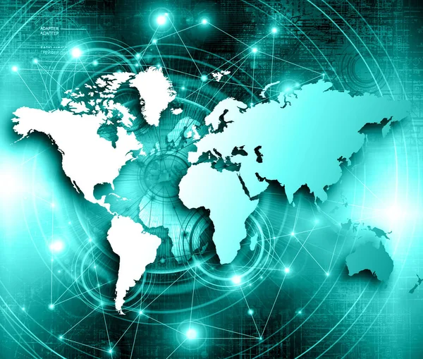 Mapa del mundo sobre un fondo tecnológico, líneas luminosas símbolos de Internet, radio, televisión, comunicaciones móviles y por satélite . — Foto de Stock