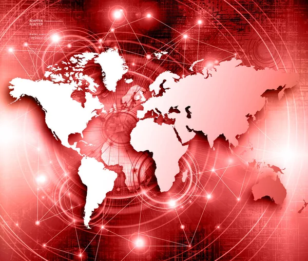 Världskarta på en teknisk bakgrund och glödande linjer symboler av Internet, radio, TV, mobil satellitkommunikation. — Stockfoto