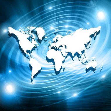 Dünya Haritası üzerinde teknolojik bir arka plan, parlak çizgiler semboller Internet, radyo, televizyon, telefon ve uydu iletişim.