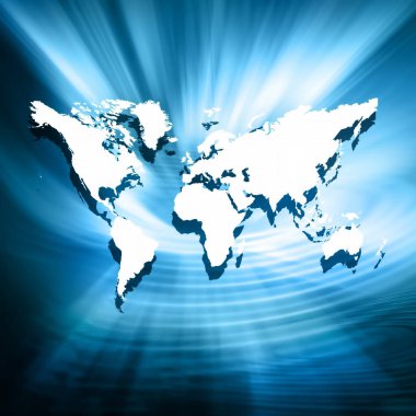 Dünya Haritası üzerinde teknolojik bir arka plan, parlak çizgiler semboller Internet, radyo, televizyon, telefon ve uydu iletişim.