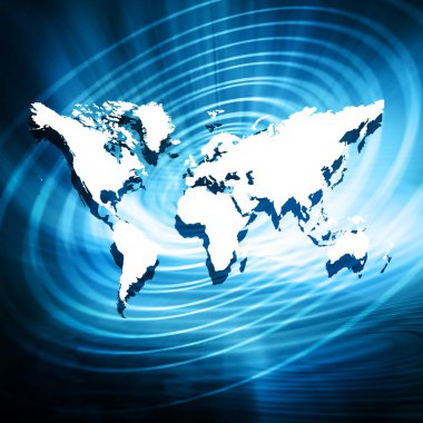 Dünya Haritası üzerinde teknolojik bir arka plan, parlak çizgiler semboller Internet, radyo, televizyon, telefon ve uydu iletişim.